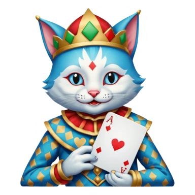 crazy colorful cute little cat jolly joker from poker, medieval, vintage, court jester, mac os icon, blue color, holds poker cards sticker