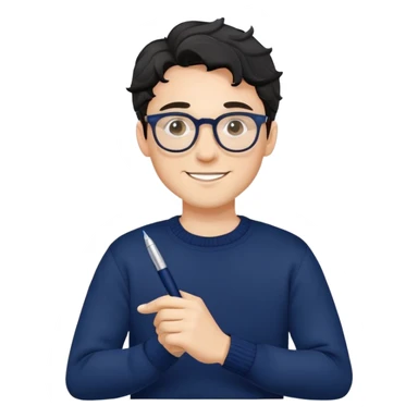 Young caucasian man with black wavy hair, round glasses, navy blue sweater, confident trustworthy smile, professional designer with pen sticker