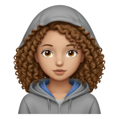 Woman, curly brown hair, hoodie, sticker