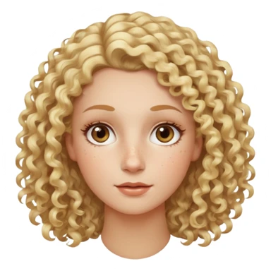 Blond curly hair white women, oval shape face hazel eyes long lashes little bit of freckles high cheek bones sticker