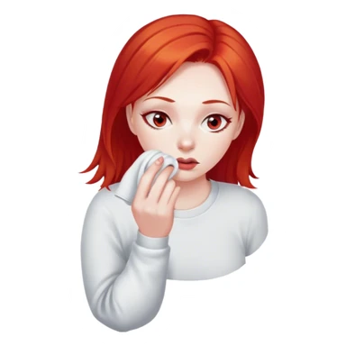 a woman with red hair and red eyes sniffing a white sock sticker