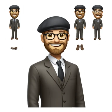 man, long brown beard, white skin, suit, standing and smile (full-body "slim"from the head to legs), beret hat, glasses sticker