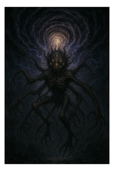 nightmarish creature with many limbs and eyes descending from a swirling sky vortex, cosmic energy, dark and eerie mood, fantasy horror style sticker