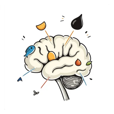 A crystalline brain with pieces of blue fish, egg yolk and fermented soy floating in a spiral around it. Thin light beams connect these foods to bright points on the brain, dissipating mental fog and creating clarity. sticker