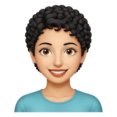 30 year old iranian woman very short curly black hair, big brown eyes, tanned skin, big smile, white teeth, pretty, stylish, shorter hair, boy cut hair sticker