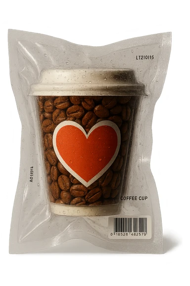 Add coffee beans inside the vacuum-sealed coffee cup with a heart design, keep the vacuum-sealed style, transparent background. sticker
