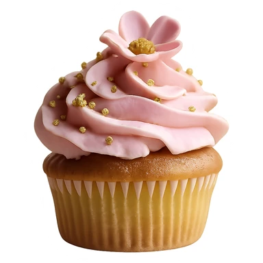 Remove the background, keep only the realistic cupcake with pink icing and accessories, preserve photorealistic style, transparent background. sticker