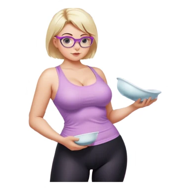 Seductive, Curvy fair skinned woman, short blond hair, small light purple reading glasses, washing dishes, SFW sheer pink tank top, without undergarments SFW, black yoga pants, thick booty sticker