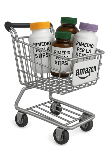 emoji stile iphone di un carrello per la spesa con l'icona di amazon stampata sopra, dentro al carretto ci sono varie boccette di integratori con la scritta "RIMEDIO PER LA STIPSI", iperrealistico 4k sticker