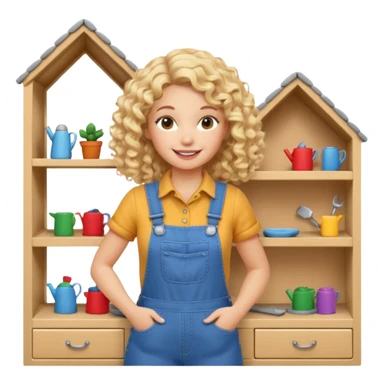 smiling blonde curly woman arranging furniture in doll house with overalls sticker