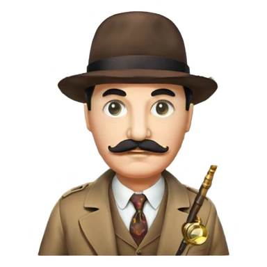 A colorful collage featuring Detective Poirot Detective Poirot with a long curling moustache, with a magnifying glass, revolver and a mysterious city backdrop. Include a board with photos of suspects, fingerprints, and a crime scene. Retro movie poster style. Transparent background. sticker