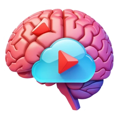 3D icon design, brain with YouTube play button symbol integrated into brain structure, glassmorphism style, soft shadows, gradient colors, modern app icon aesthetic, isometric view sticker