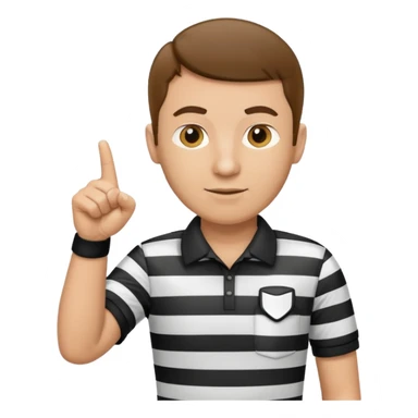 A calm referee with striped shirt, pointing clearly toward the field. sticker