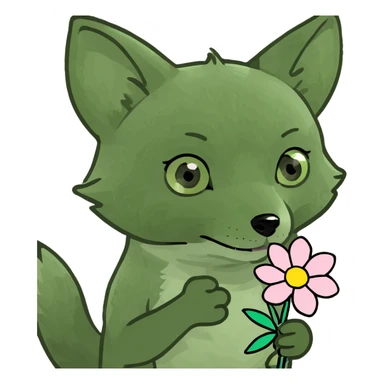 baby fox holding a tiny flower in bufo frog meme style sticker
