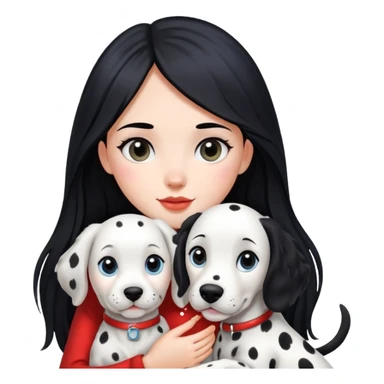A girl with long black hair is holding a Dalmatian sticker