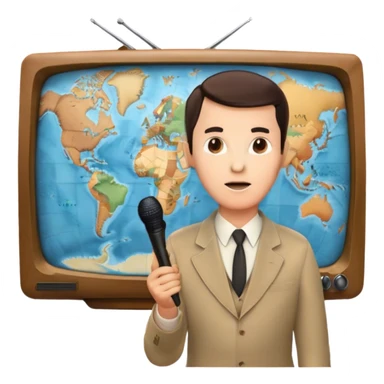 Icon for Documentary Film (TV style): A large vintage TV screen with a serious-looking host standing in front of a map. The host holds a microphone, and the map displays historical or geographical information. Retro TV broadcast style. Transparent background. sticker