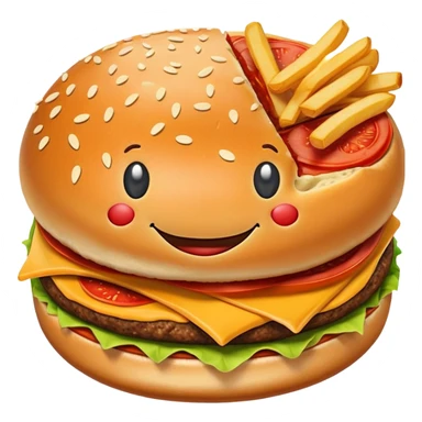 A happy smiling burger next to a pizza slice and french fries sticker