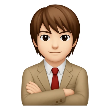 Create an image of Light Yagami from Death Note in the style of apple emojis. He has brown hair and is wearing a school uniform. He is standing with arms crossed and has a confident expression. sticker