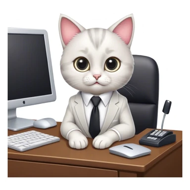 A cute cartoon cat with big, expressive eyes, wearing a tiny business suit and tie, sitting at a miniature desk with a computer, looking focused and adorable sticker