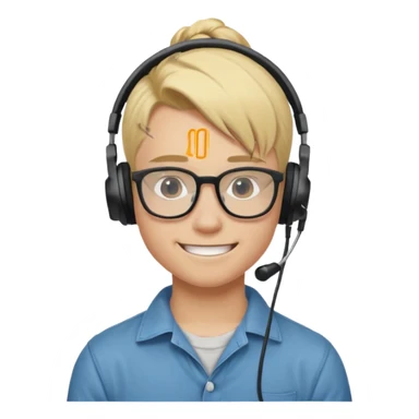blond hair teen boy pony tail undercut with tattoo on his neck, wearing glasses, strong built, smile warmly with headphone sticker