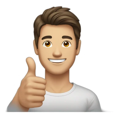 guy with brown hair, medium length hair, in his 20s, asian, smiling, t-shirt, thumbs up sticker