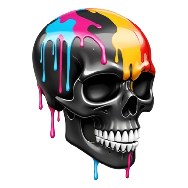 glossy black skull with street style colorful graffiti drips and iconic sports brand logos, side profile sticker