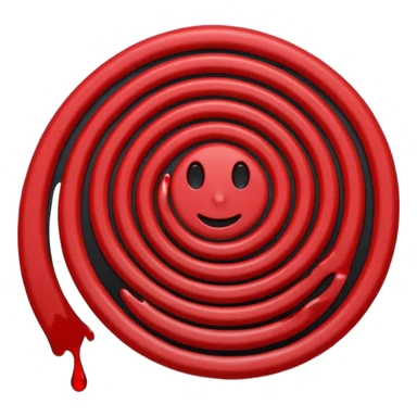 Minimalist emoji-style sticker of a coiled red carpet with drops of blood on the floor around it. Flat design, black and desaturated red tones, no perspective, bold lines. sticker