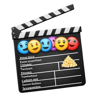 A colorful title slide for "The Emoji Movie Quiz" slideshow game with movie clapperboard, popcorn, and quiz elements arranged in presentation format sticker