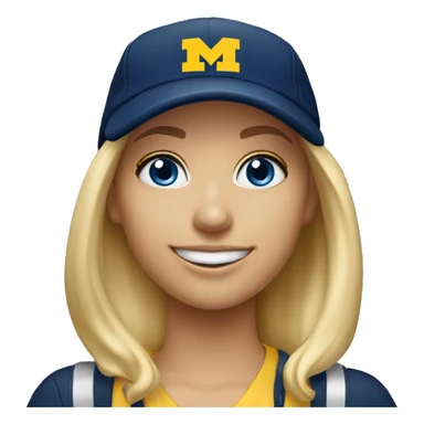 Blonde girl with blue eyes smiling wearing University of Michigan ball cap sticker