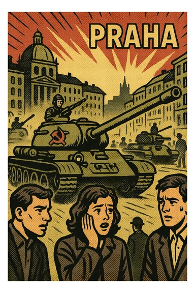Soviet tanks with the communist party logo on the side entering the city of Prague in 1968 with people standing around watching and worried sticker