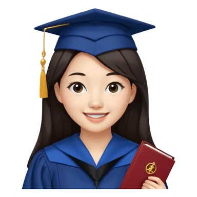 带着学士帽的，深棕色长发，黄种偏白皮肤的，高鼻梁，不戴眼镜的女博士生，在单只眼眨眼并开朗的笑，年龄26岁，学士服全身深蓝色短绒质地，但是黑领子， sticker