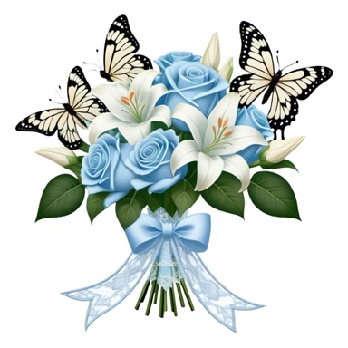 A classic bouquet of pale blue roses, delicate white lilies, and trailing jasmine, tied together with an embroidered ivory ribbon. A butterfly with lace-like wings hovers nearby, casting a soft, intricate shadow over the bouquet. sticker