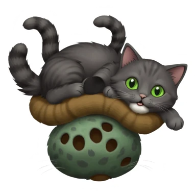 solid dark grey cat with green eyes, completely solid grey face, white toes/paws playing rolling upside down sticker