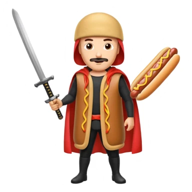 Middle aged attractive man wearing a hot dog costume wielding a katana sticker