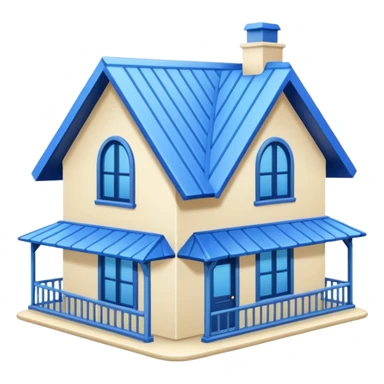 a creamy-colored house with blue trim and a blue roof sticker