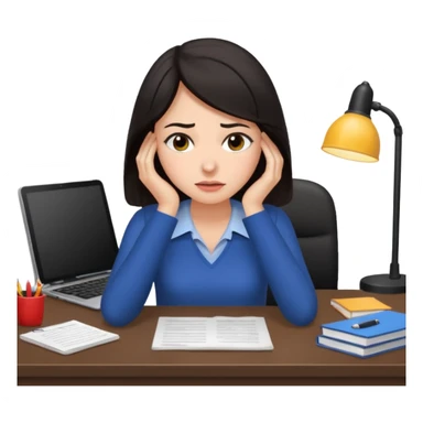 iOS emoji style - An overwhelmed woman sitting at a desk. She has dark hair. sticker