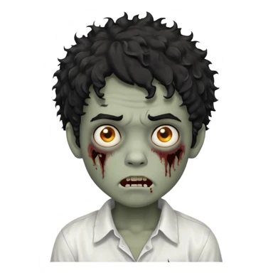 Boy, zombie, black hair, curly hair with white tips, shaggy, dark, spooky, creepy expression, white shirt sticker