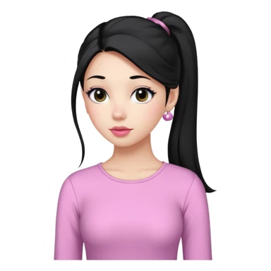 a woman with long sleeve dress top, her hair is long black pony tail, her face is soft girl style, her eyes color are black and the color of her lip is soft pink sticker