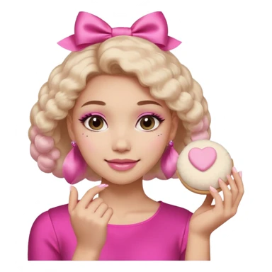 female face, light skin tone, small simple closed smile. One hand visible holding a round fluffy pink makeup powder puff pressed to the cheek; the puff has a small satin bow. sticker
