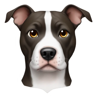 An amstaff pittbull with raised ears, all black, with brown eyes and white paws, and a white spot on his chest sticker