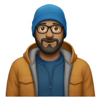 white man with a beard in a blue hoodie wearing a black carhartt beanie and clear glasses sticker