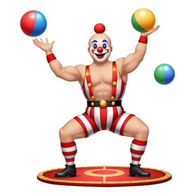 Icon for Circus Arts: a vibrant round circus arena with a strongman in a striped costume, a juggler performing and a clown entertaining the crowd. The icon should capture the energy and excitement of a circus performance. Transparent background. sticker