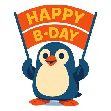 penguin holding a "Happy B-Day" banner, vibrant-toon style sticker