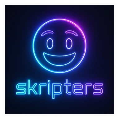 sleek neon-themed emoji logo with the word 'skripters' in a futuristic font, glowing with blue and purple hues sticker