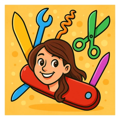 a playful and colorful cartoonish swiss army knife with a brunette woman with light brown eyes sticker