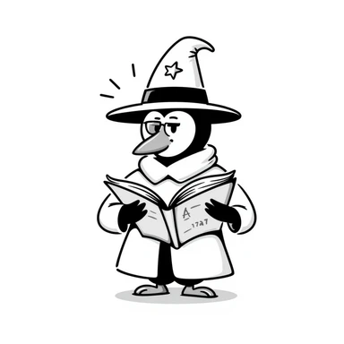 hand-drawn doodle of a penguin wizard with big hat and book of spells sticker