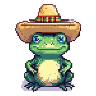 Mexican frog with a sombrero, pixel art style sticker