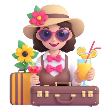3D emoji of a smiling, feminine face with big eyelashes, no body, colorful and friendly, romantic style, with feminine accessories like bow, sunglasses, hat, cocktail, camera, suitcase, flower, heart, star, motif: heart, transparent background sticker
