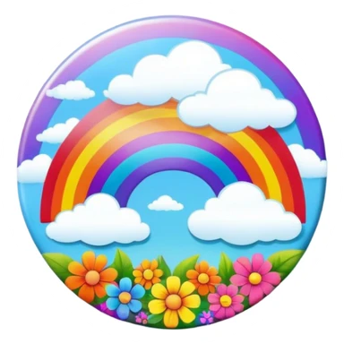 A round psychedelic colored button with a bezeled rainbow with clouds and colorful hippie style flowers sticker