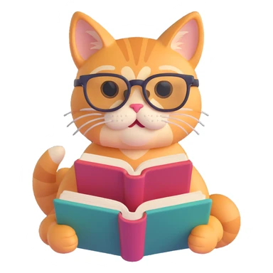 A cat with glasses reading a book, bright and cheerful colors, dynamic pose, engaging scene sticker